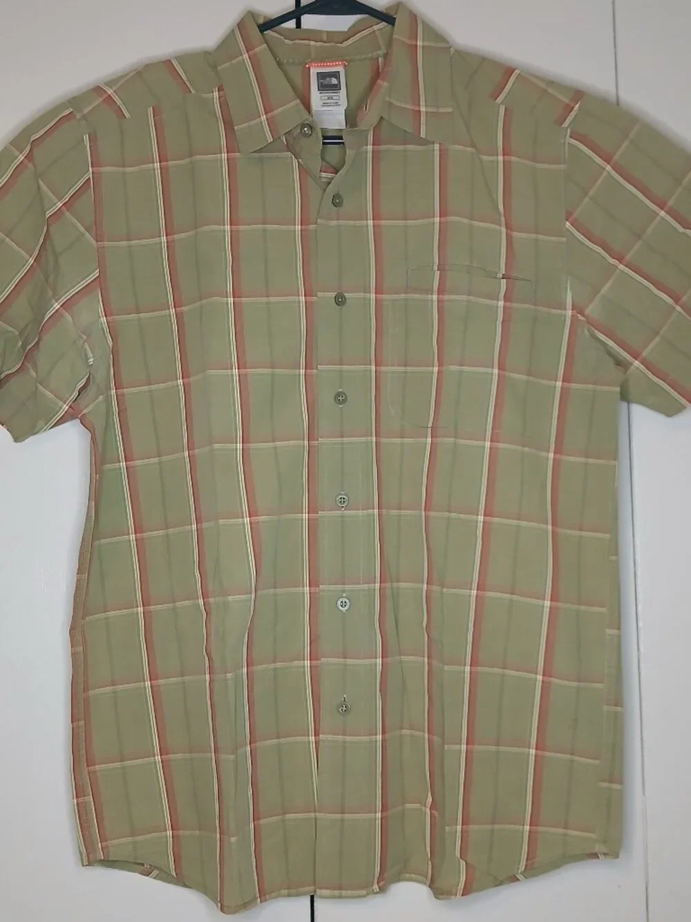 The North Face Men's Medium Short Sleeve Tan Red Plaid Cotton Shirt (1148J)